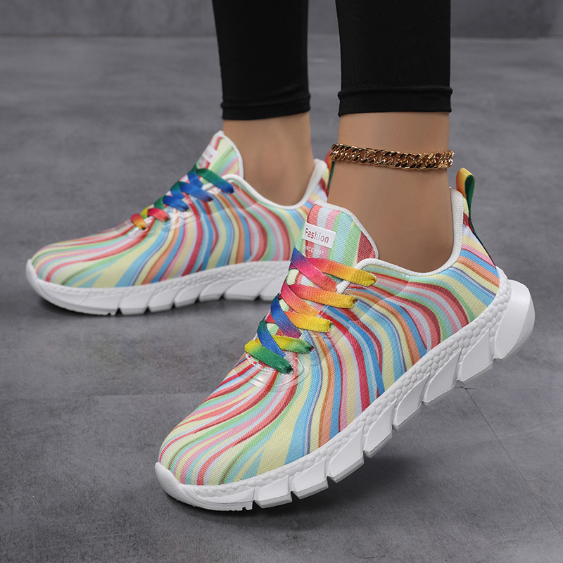 Women Rainbow Striped Sneakers - огляд і ціна Knit Fabric Lace Up Sneakers